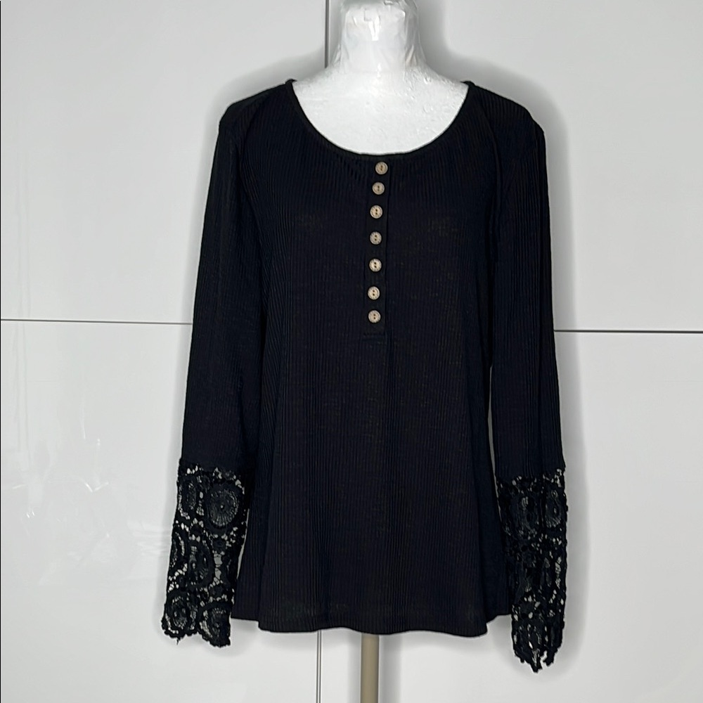 Kancystore Elegant Black Lace Long Sleeve Women's Top